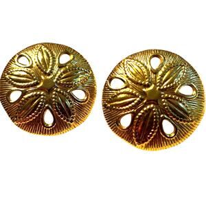 Gold pierced earrings textured sand dollar seashore motif beachy Boho casual